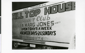 Photograph of a sign painted by Lloyd Gill advertising Hill Top House Supper Club