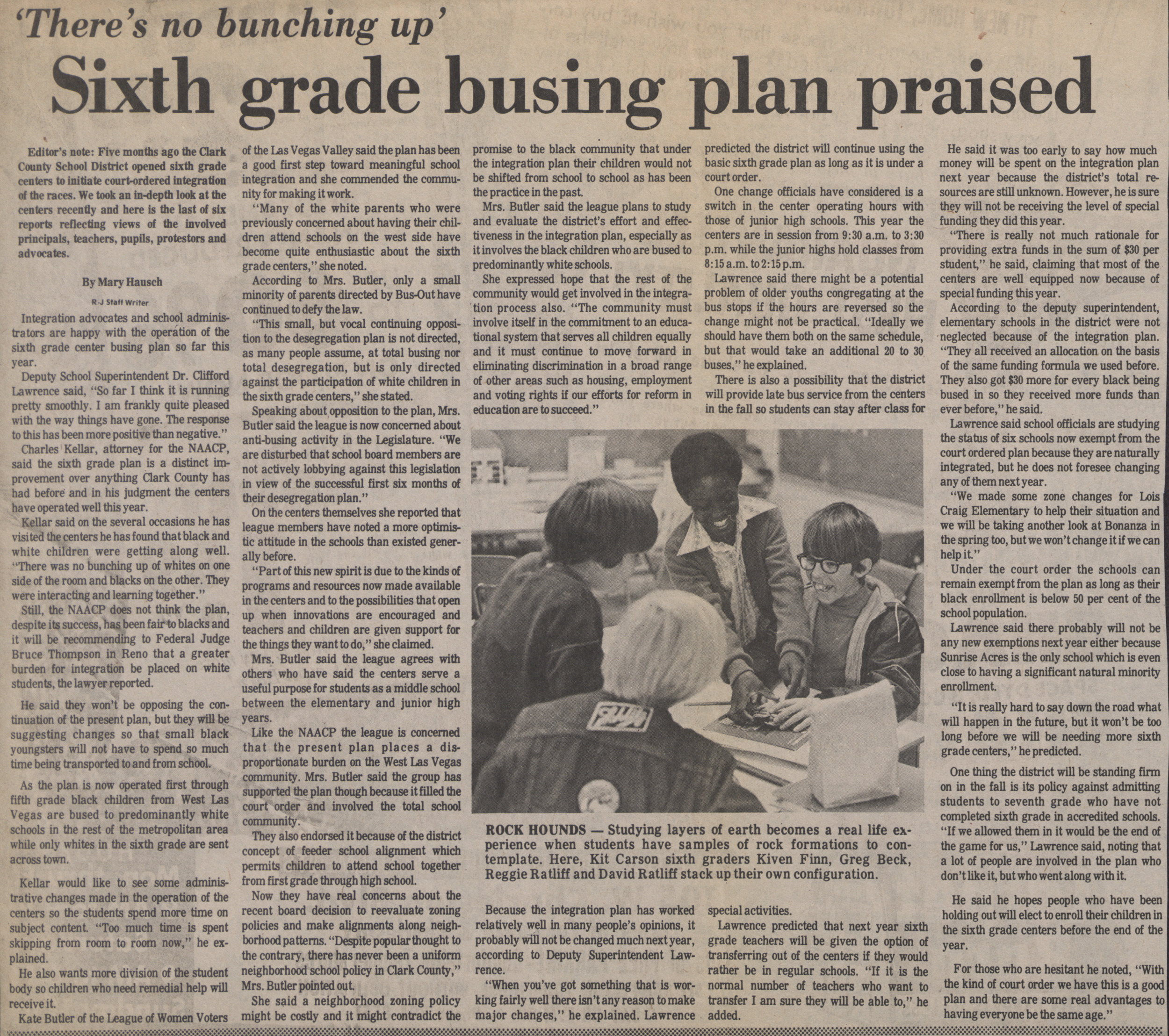 Newspaper clipping, Sixth of six reports, 'There's no bunching up,' Sixth grade busing plan praised, February 23, 1973