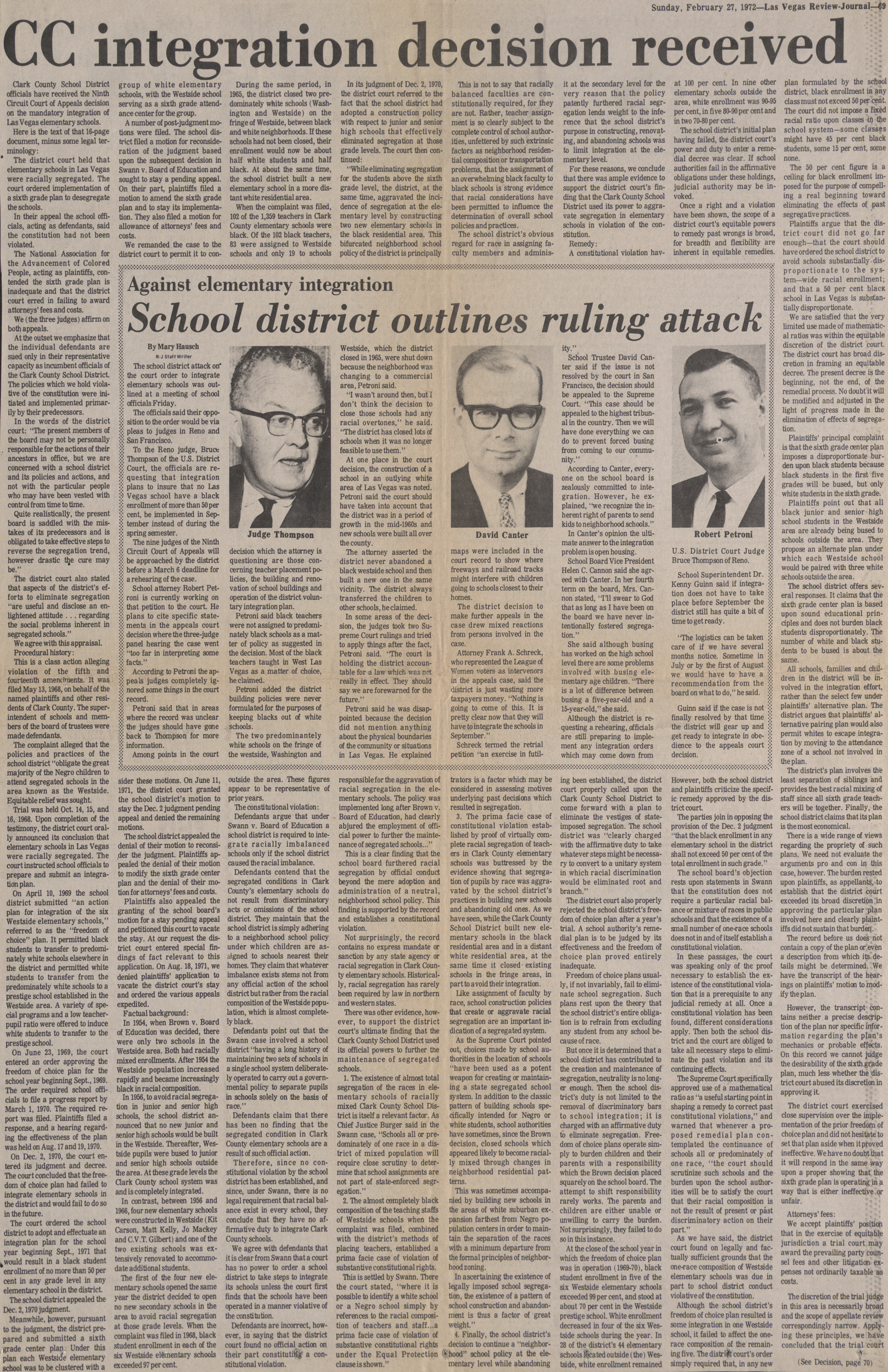 Newspaper clipping, CC integration decision received, and Against elementary integration - School district outlines ruling attack, Las Vegas Review-Journal, February 27, 1972