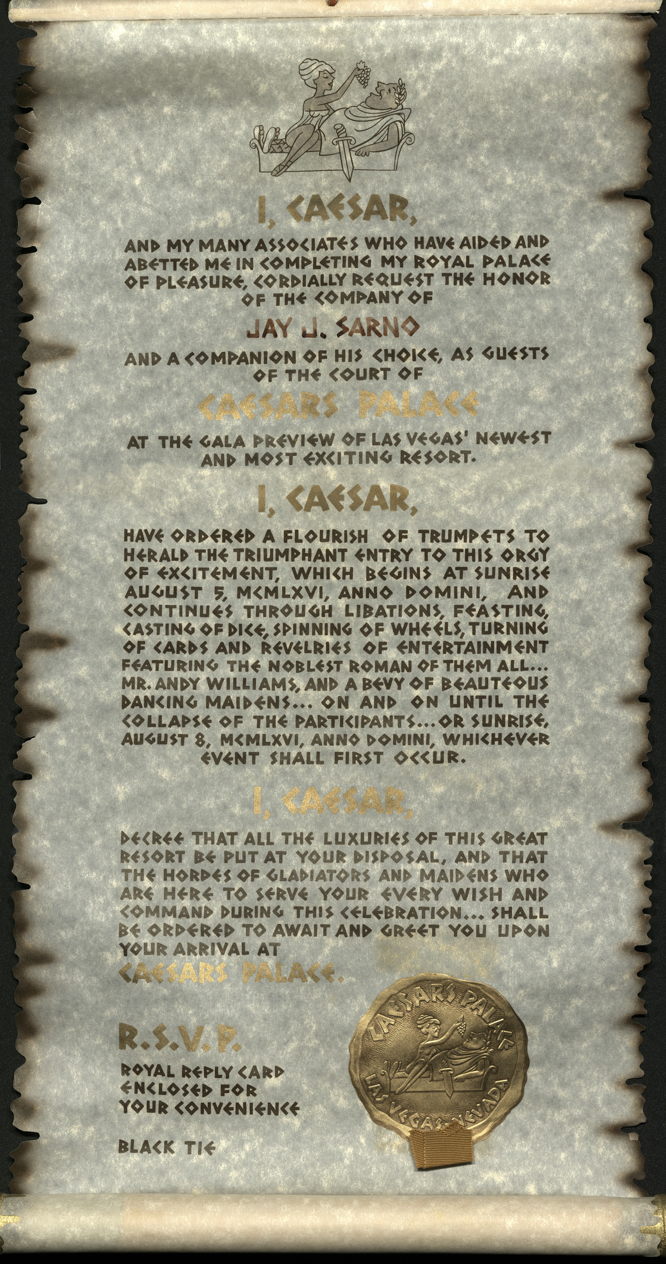 Invitation to the gala preview opening of Caesars Palace, August 5, 1966