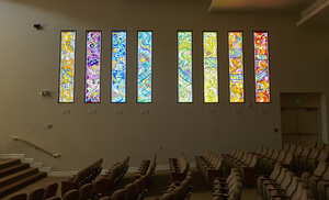 Photograph of Abbey stained glass art in Temple Beth Sholom Sanctuary, Las Vegas, Nevada, February 17, 2016