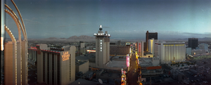 Fremont Street at night from the Plaza, Las Vegas, Nevada: panoramic photograph