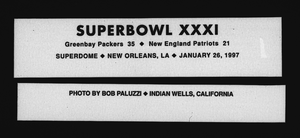 "Super Bowl XXXI: Green Bay Packers 35 vs. New England Patriots 21, Superdome, New Orleans, Louisiana" textual overlay