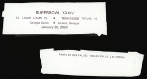 "Super Bowl XXXIV: St. Louis Rams 23 - Tennessee Titans 16 Georgia Dome, Atlanta, Georgia" textual overlay