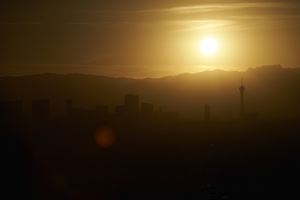 Las Vegas skyline as sun sets, North Las Vegas, Nevada: digital photograph