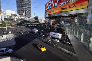 Planet Hollywood signage on Harmon Avenue and Las Vegas Boulevard, Las Vegas, Nevada: digital photograph