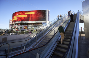 Planet Hollywood signage on Harmon Avenue and Las Vegas Boulevard, Las Vegas, Nevada: digital photograph