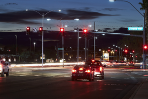 Traffic at sunset on Sunset Road, Henderson, Nevada: digital photograph