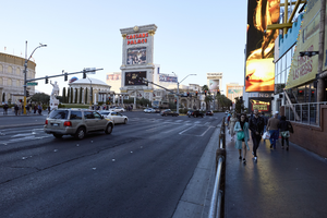 Automobile and pedestrian traffic along the Las Vegas Strip, Las Vegas, Nevada: digital photograph