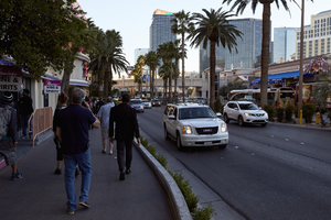 Automobile and pedestrian traffic along the Las Vegas Strip, Las Vegas, Nevada: digital photograph