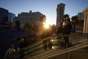 Tourists using overpass on the Las Vegas Strip, Las Vegas, Nevada: digital photograph