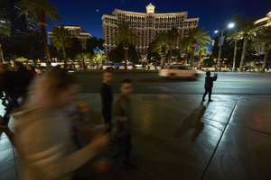Pedestrian and automobile traffic on the Las Vegas Strip, Las Vegas, Nevada: digital photograph