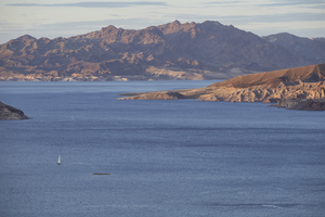 Sailboat on Lake Mead as seen from the Historic Railroad Trail, Lake Mead, Nevada: digital photograph