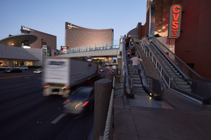 Pedestrian overpass crossing Spring Mountain Road, Las Vegas, Nevada: digital photograph