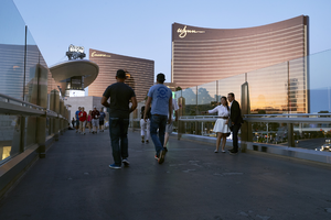 Pedestrian overpass crossing Spring Mountain Road, Las Vegas, Nevada: digital photograph