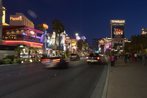 Traffic and pedestrians on Las Vegas Boulevard at dusk, Las Vegas, Nevada: digital photograph