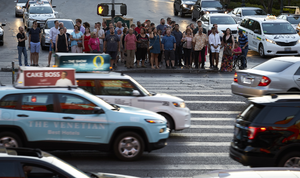 Pedestrians at Las Vegas Boulevard at Bellagio Drive, Las Vegas, Nevada: digital photograph