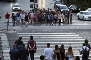 Pedestrians crossing Las Vegas Boulevard at Bellagio Drive, Las Vegas, Nevada: digital photograph