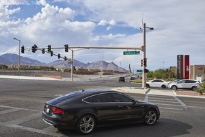 Traffic on West Sahara Avenue at I-215 The Beltway, Las Vegas, Nevada: digital photograph