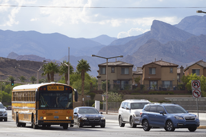 Traffic on West Sahara Avenue at I-215 The Beltway, Las Vegas, Nevada: digital photograph