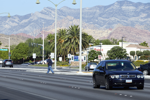 Pedestrian crossing West Sahara Avenue near South Hualapai Way as seen looking west, Las Vegas, Nevada: digital photograph