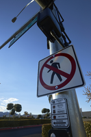 No pedestrian traffic sign on West Sahara Avenue at South Sahara Center, Las Vegas, Nevada: digital photograph