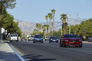 Traffic West Sahara Avenue looking west near South Durango Drive, Las Vegas, Nevada: digital photograph