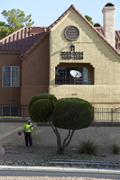 Landscaper working on West Sahara Avenue west of South Durango Drive, Las Vegas, Nevada: digital photograph
