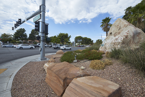 Canyon Gate monument at West Sahara Avenue and South Durango Drive looking east, Las Vegas, Nevada: digital photograph