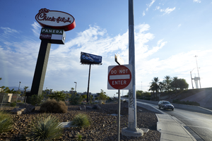 Chick-fil-A sign on West Sahara Avenue at Rancho Drive, Las Vegas, Nevada: digital photograph