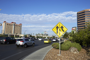 Traffic sign on West Sahara Avenue near Palace Station looking west, Las Vegas, Nevada: digital photograph