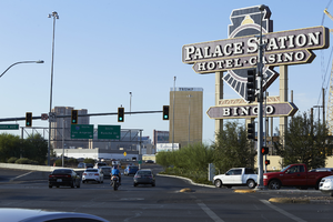 Traffic on Rancho Drive using the I-15 onramp at West Sahara Avenue with Palace Station sign looking south, Las Vegas, Nevada: digital photograph