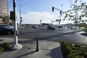 Pedestrian traffic at Rancho Drive and West Sahara Avenue, Las Vegas, Nevada: digital photograph