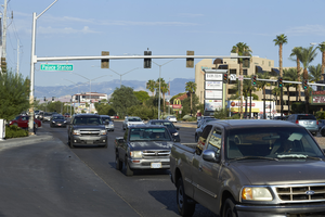 Traffic on West Sahara Avenue near Palace Station looking west, Las Vegas, Nevada: digital photograph