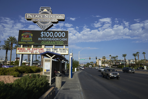 Sahara Express bus stop on West Sahara Avenue near Palace Station sign looking west, Las Vegas, Nevada: digital photograph