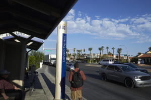 Sahara Express bus stop on West Sahara Avenue near Palace Station looking west, Las Vegas, Nevada: digital photograph