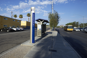 RTC bus stop on West Sahara Avenue looking east, Las Vegas, Nevada: digital photograph