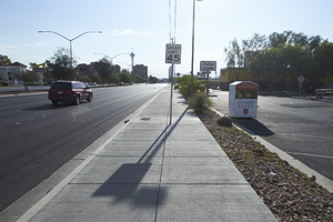 Car on West Sahara Avenue at Richfield Boulevard looking west, Las Vegas, Nevada: digital photograph