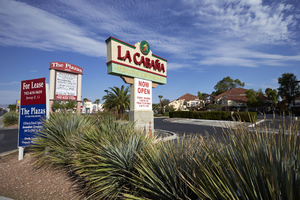 La Cabana Mexican restaurant sign at The Plazas business center on West Sahara Avenue looking northwest, Las Vegas, Nevada: digital photograph