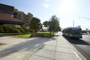 Bus in front of Bank of Nevada on West Sahara Avenue looking east, Las Vegas, Nevada: digital photograph