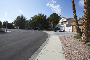 Single family neighborhood on Tarraso Way north of West Sahara Avenue looking west, Las Vegas, Nevada: digital photograph