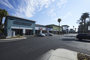 Businesses in strip mall north of West Sahara Avenue looking northeast, Las Vegas, Nevada: digital photograph