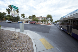 Homes on El Camino Avenue and traffic on South Valley View Boulevard looking north, Las Vegas, Nevada: digital photograph
