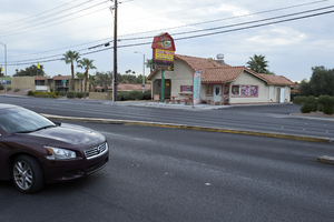 Business and traffic on El Camino Avenue and South Valley View Boulevard looking north, Las Vegas, Nevada: digital photograph