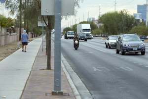 Sidewalks on West Sahara Avenue at South Arville Street looking east, Las Vegas, Nevada: digital photograph