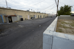 Alley behind businesses along West Sahara Avenue at Las Verdes Street looking east, Las Vegas, Nevada: digital photograph