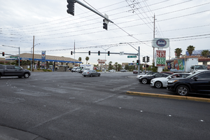 Gas stations on West Sahara Avenue at South Valley View Boulevard, Las Vegas, Nevada: digital photograph