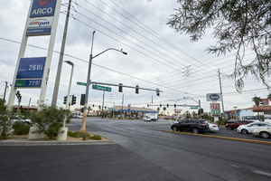 Gas stations on West Sahara Avenue at South Valley View Boulevard, Las Vegas, Nevada: digital photograph