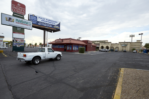 Businesses on West Sahara Avenue at South Valley View Boulevard looking south, Las Vegas, Nevada: digital photograph