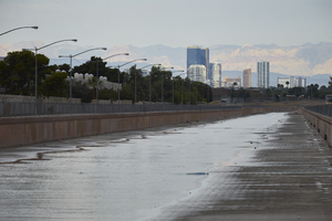 The Flamingo Wash at Nellis Bouleavard south of East Sahara Avenue with the Las Vegas Strip in background, Clark County, Nevada: digital photograph